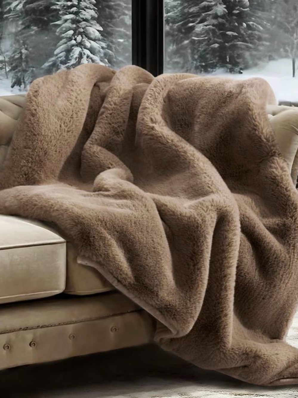 Plush Faux Fur Throw Blanket in Taupe by